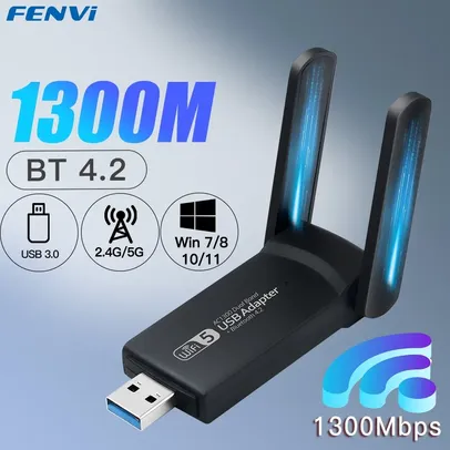 [Taxa Inclusa/Moedas] Adaptador WiFi USB 3.0 2.4/5Ghz 1300Mbps + Bluetooth 