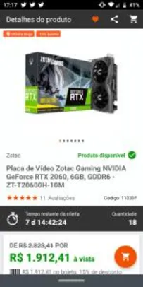 Placa de Vídeo Zotac Gaming NVIDIA GeForce RTX 2060, 6GB, GDDR6 - ZT-T20600H-10M