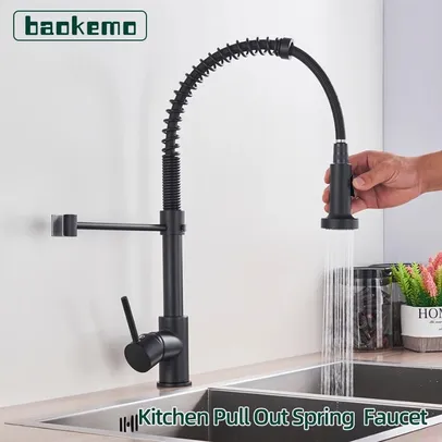 Cozinha Pull Down Spring Sink Faucet, Rotação 360, Torneira misturadora quent