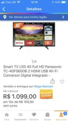 Smart TV LED 40 Full HD Panasonic TC-40FS600B 2 HDMI USB Wi-Fi Conversor Digital Integrado - R$1099