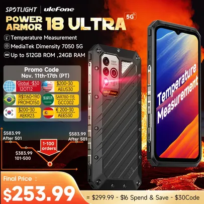 Smartphone Ulefone Power Armor 18 Ultra com 5G, 512GB de armazenamento, 12+12GB de RAM, leitura de temperatura por câmera