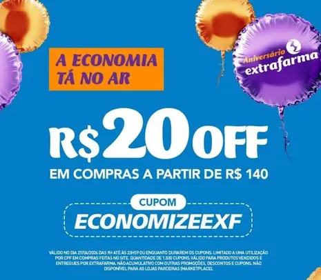 Cupom Extrafarma oferece R$20 OFF em compras acima de R$140