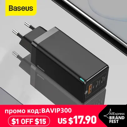 [Novos usuários] Carregador Baseus GaN Pro 65W (1x USB, 2x USB-C) + Cabo USB-C x USB-C 100W | R$70
