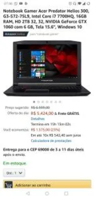 Notebook gamer Acer predator i7 + 1060 6gb