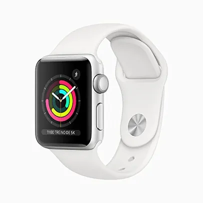 [PRIME]Apple Watch Series 3 (GPS), caixa em alumínio prateado de 38 mm com Pulseira esportiva branca