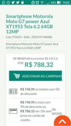 Smartphone Motorola Moto G7 power Azul XT1955 Tela 6.2 64GB 12MP - R$789
