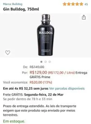 [Prime] Gin Bulldog, 750ml | R$129