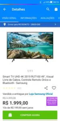 Smart TV UHD 4K 2019 RU7100 49”, Visual Livre de Cabos, Controle Remoto Único e Bluetooth - Samsung + 2 meses de Globo Play - R$1949