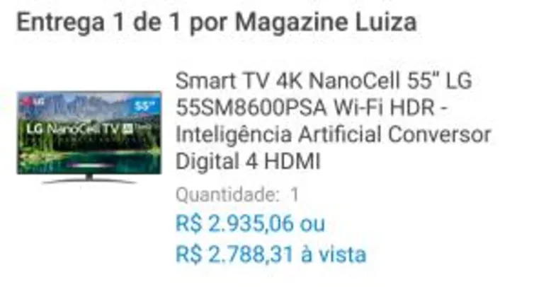 [Clube da Lu] Smart TV 4K NanoCell 55” LG 55SM8600PSA Wi-Fi HDR | R$2.788