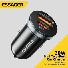 [Taxa inclusa] Carregador Veicular Essager 30W Compacto com Duas Saídas, USB e USB C - Carregamento Rápido, QC, PD