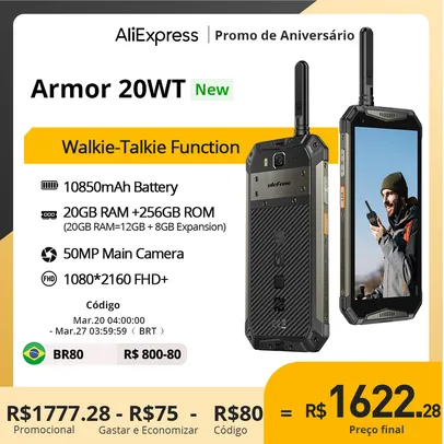 Smartphone Ulefone power armor 20wt 20Gb/256Gb com função walkie-talkie, bateria 10850mah