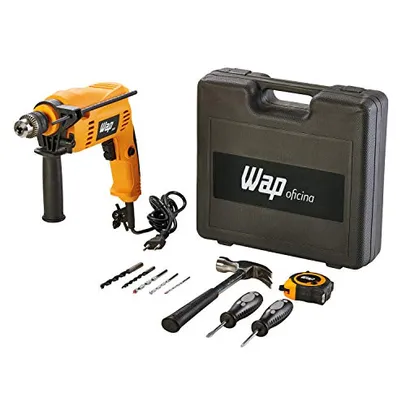 Furadeira Elétrica de Impacto WAP EFI 600K10 600W Mandril 3/8” 127V Maleta e Acessórios Trena Chaves Martelo Brocas, Amarelo com Preto