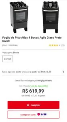 [APP] Fogão de Piso Atlas 4 Bocas Agile Glass Preto Bivolt R$620
