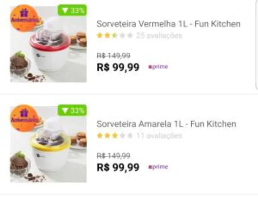 Máquina de Sorvete Amarela 1L 127V Fun Kitchen | R$100