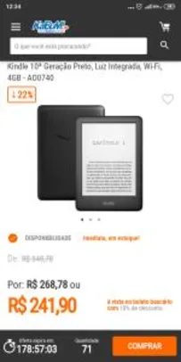 Kindle 10ª Geração Preto, Luz Integrada, Wi-Fi, 4GB - AO0740 R$242