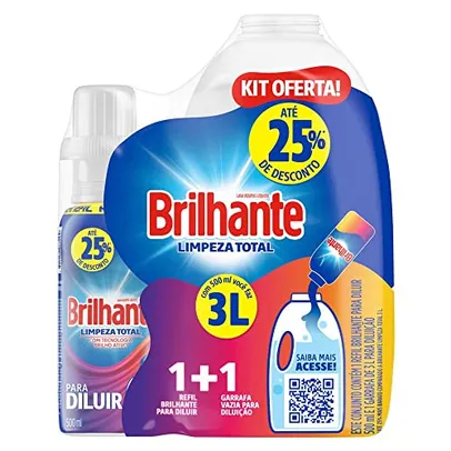 Brilhante Kit Garrafa Para Diluição + Lava-Roupas Líquido Concentrado Para Diluir Limpeza Total 500Ml Refil