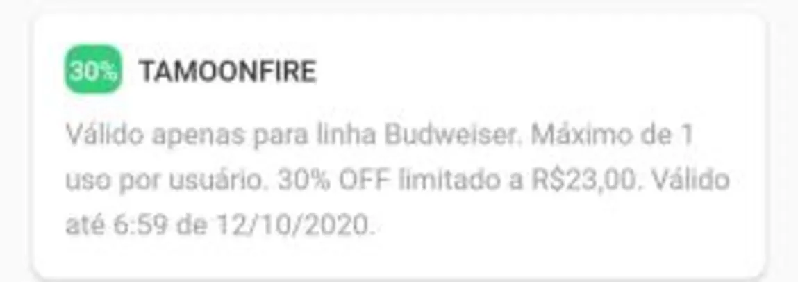 Cupom Zé delivery 30% off Budweiser