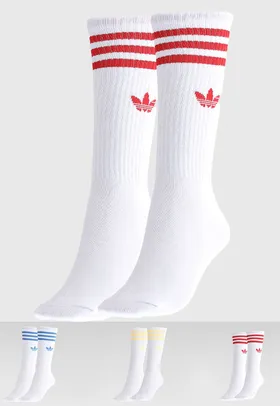 Kit 3pçs Meia Canelada adidas Originals Cano Alto 3 stripes Branca