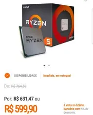 Processador AMD Ryzen 5 1600, Cooler Wraith Spire, Cache 19MB, 3.2GHz  - R$600