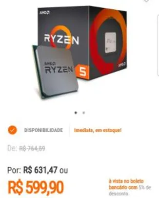 Processador AMD Ryzen 5 1600, Cooler Wraith Spire, Cache 19MB, 3.2GHz  - R$600