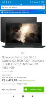 Notebook Gamer Dell G3 15 Gaming G3-3590-A20P - i5 8GB 1TB NVIDIA GTX 1650 4GB