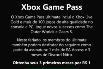 [Xbox Game pass] 3 meses Ultimate game pass / 3 Meses Discord Nitro / 1 Mês EA Access