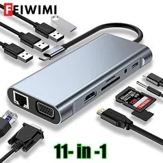 [TAXAS INCLUSAS] Adaptador USB C HUB, Dongle 11 em 1, 4K, HDMI, VGA, Tipo C, PD, RJ45, SD, Leitor de Cartão TF, MacBook Pro, Air M1, iPad