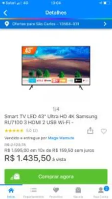 Smart TV LED 43” Ultra HD 4K Samsung RU7100 R$ 1436