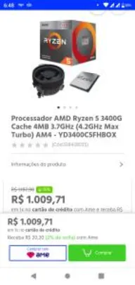 Processador AMD Ryzen 5 3400G Cache 4MB 3.7GHz (4.2GHz Max Turbo) AM4 - YD3400C5FHBOX | R$1009