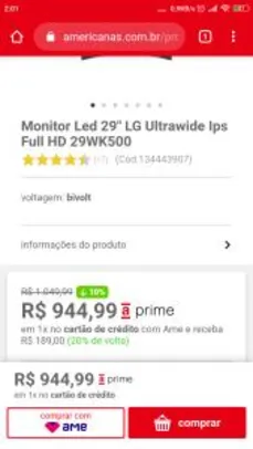 Monitor Led 29" LG Ultrawide Ips Full HD 29WK500 - R$945