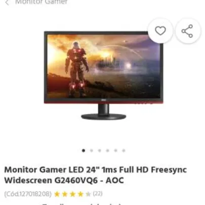 Monitor Gamer LED 24" 1ms Full HD Freesync Widescreen G2460VQ6 - AOC R$550