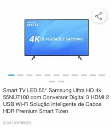 Smart TV LED 55" Samsung Ultra HD 4k 55NU7100 - R$2.999