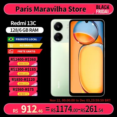 [DoBrasil] Smartphone Xiaomi Redmi 13C Versão 4G Global 128GB / 6gb