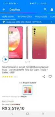 [clinte ouro] - Smartphone LG Velvet 128GB Illusion Sunset Octa - Core 6GB RAM Tela 6,8”