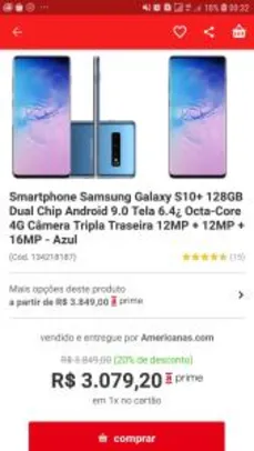 Smartphone Samsung Galaxy S10+ 128GB Dual Chip Android 9.0 Tela R$ 3079