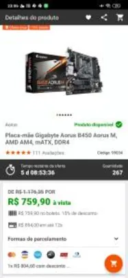Placa-mãe Gigabyte Aorus B450 Aorus M, AMD AM4, mATX, DDR4 | R$759