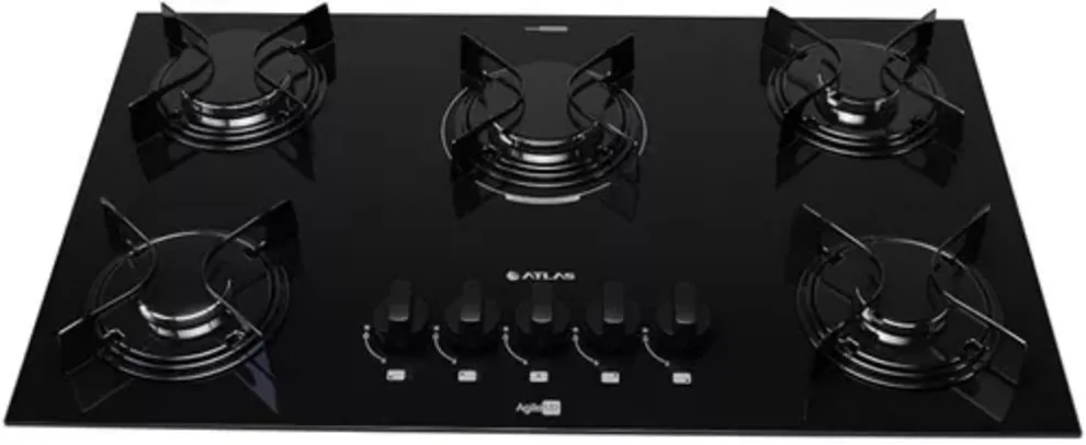 Cooktop 5 Bocas Preto com Mesa de Vidro e Tripla Chama Atlas Agile Up Bivolt