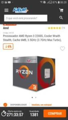 Processador AMD Ryzen 3 2200G, Cooler Wraith Stealth, Cache 6MB, 3.5GHz (3.7GHz Max Turbo), AM4 | R$ 590