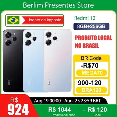 [ APP | Do Brasil ] Celular Smartphone Xiaomi Redmi 12 256GB ROM 8GB RAM Versão Global | Smartphone 4G , ROM Global , Câmera 18MP , Carregador 18W 