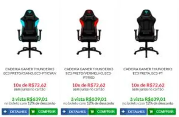 CADEIRA GAMER THUNDERX3 EC3 PRETO/VERMELHO, EC3-PT/RED R$639