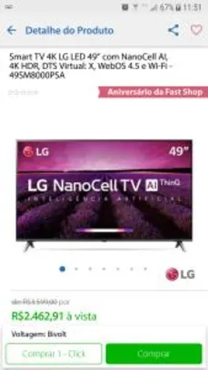 Smart TV 4K LG LED 49" com NanoCell Al, 4K HDR, DTS Virtual: X WebOS 4.5 E wi-fi - 49SM8000PSA