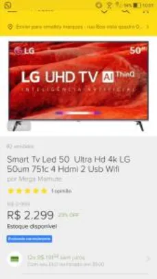 Smart Tv Led 50 Ultra Hd 4k LG 50um 751c 4 Hdmi 2 Usb Wifi R$ 2299