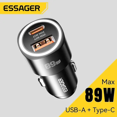 [Taxa inclusa] Carregador Veicular Essager 89W com Duas Saídas, USB e USB C - Carregamento Rápido, QC, PD