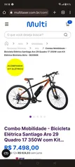 Bicicleta Elétrica Santiago Aro 29 Quadro 17 350W 