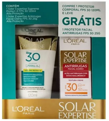 Kit Protetor Solar Corporal Loreal Expertise FPS30 120ml + Antirrugas Facial FPS30 25g | R$20