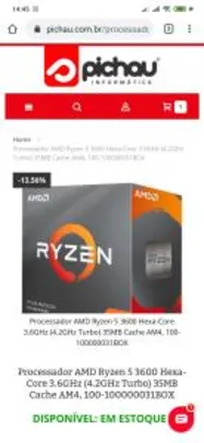 Processador AMD Ryzen 5 3600 Hexa-Core 3.6GHz (4.2GHz Turbo) 35MB Cache AM4 | R$950