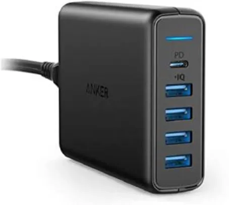 Carregador de Tomada PowerPort Speed Anker, 1 USB-C + 4 USB, 60W de potência, Carregamento Rápido, Preto