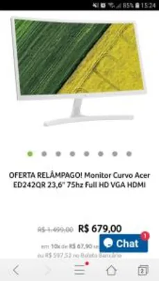 Monitor Curvo Acer ED242QR 23,6" 75hz Full HD VGA HDMI | R$598