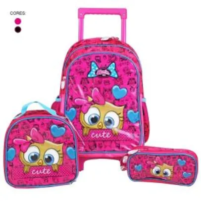 Kit Escolar Infantil Com Mochila de Rodinhas + Lancheira + Estojo Corujinha