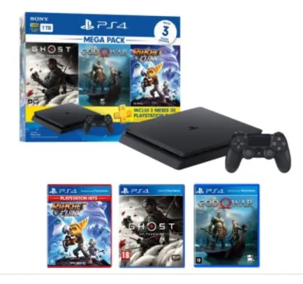 Console Playstation 4 Mega Pack, Ghost of Tsushima, God of War, Ratchet & Clank, 1TB, Black | R$ 2389